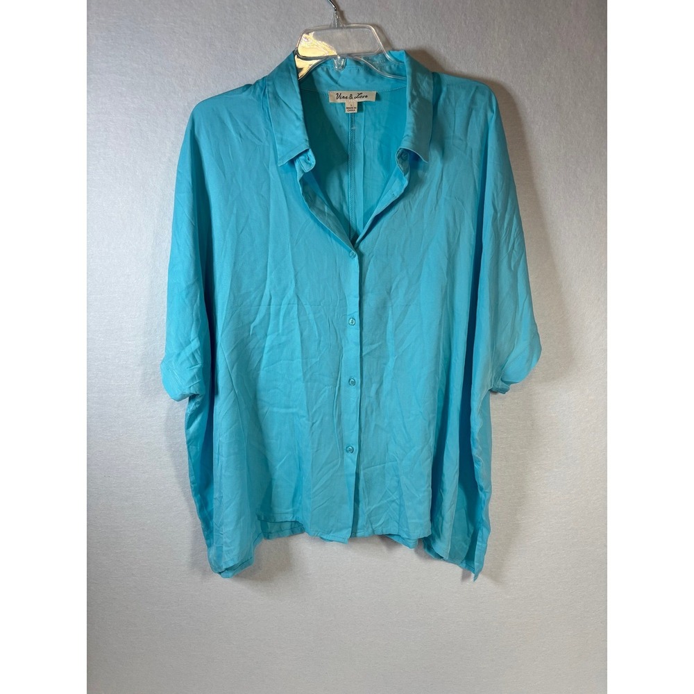 Vine & Love Womens Turquoise Blue Button Down Rayon Shirt VT81625 Relaxed Fit L